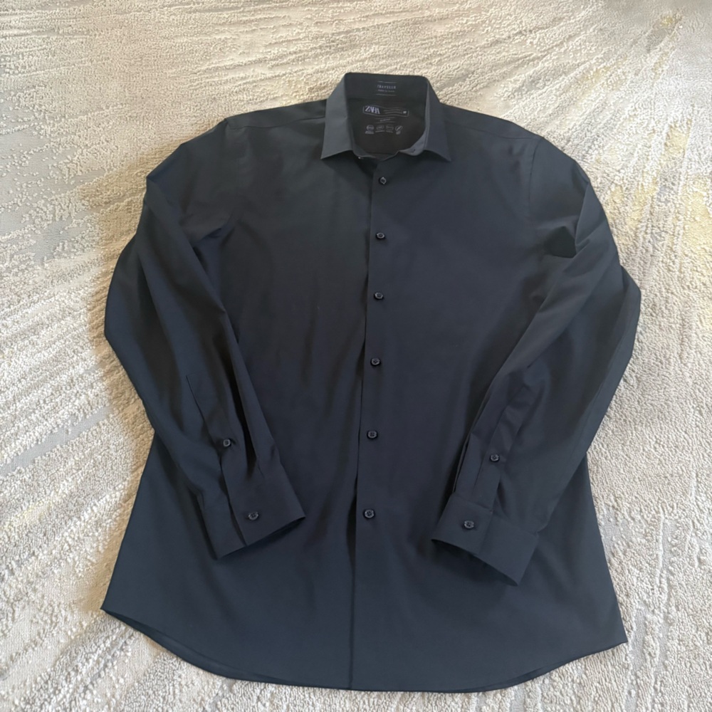 Zara button front black travel shirt slim fit wrinkle resistant slim fit large
